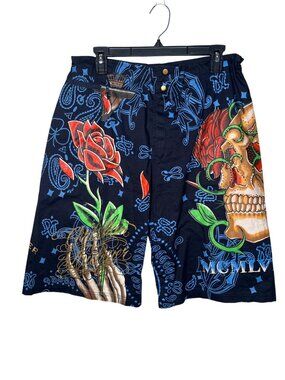 Christian Audigier Mens y2k Graphic Skull & Rose Board Shorts Navy XXXL